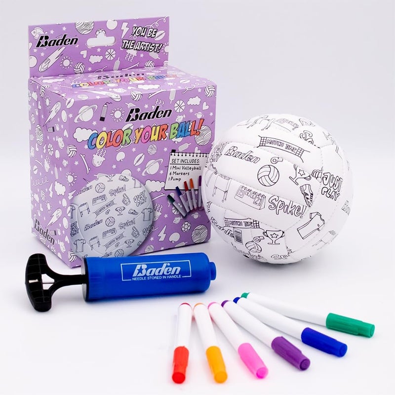 Baden Color Your Own Mini Volleyball Kit | Great Gift for Kids to Custom Design Your Ball for Play | Includes 1 Mini Volleyball Ball, 6 Markers, & 1 Pump - Image 1